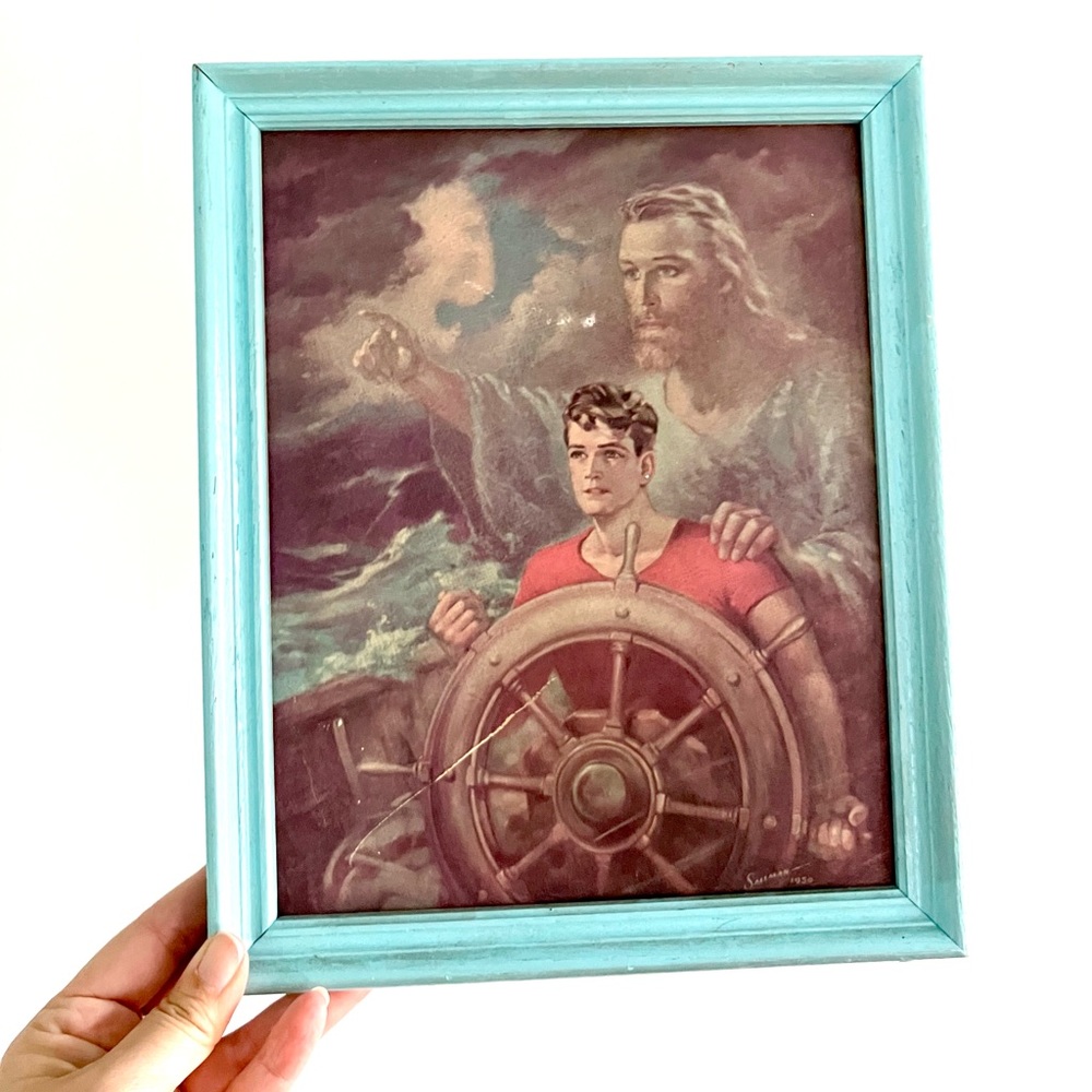 Vintage 50’s Jesus guiding sailor litho framed art print decor